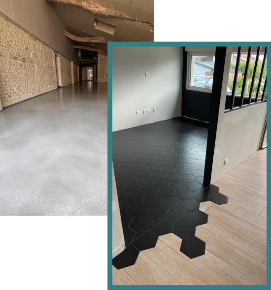 Intérieur rénové avec sols modernes et carrelage hexagonal.